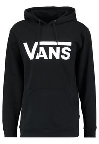 Felpa nera con tasca a marsupio frontale, cappuccio con coulisse e grande logo bianco "Vans" sul petto.