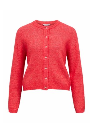 Cardigan lavorato a maglia rosso con scollo rotondo, maniche lunghe e chiusura frontale con bottoni. Presenta un tessuto strutturato e rifinitura a coste lungo l'orlo.