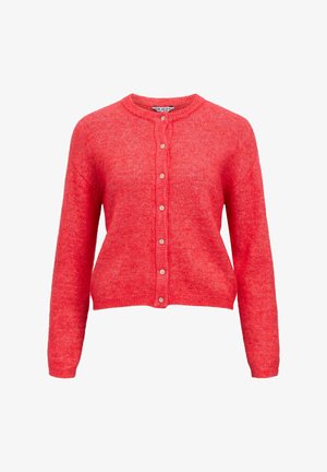 Sarkans adīts kardigans ar apaļu izgriezumu, garām piedurknēm un priekšpuses pogu aizdari. Izceļas ar teksturētu audumu un ribotu apdari pie apakšmalas.