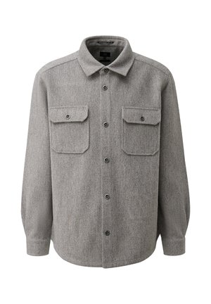 Grijs wollen overhemdjack met lange mouwen, knoopsluiting aan de voorkant, twee borstzakken met klep en knopen, en een klassieke kraag.