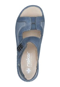 Blue sandal with an open toe design, textured synthetic upper, elastic accents, and a cushioned insole featuring 'rieker anti-stress' logo.