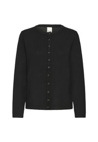 Črni pleteni kardigan z okroglim izrezom, dolgimi rokavi in sprednjim zapenjanjem na gumbke v kontrastni barvi. Mehka tekstura.