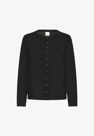 Black knit cardigan with a round neckline, featuring long sleeves and a front button closure with contrasting buttons. Soft texture.
