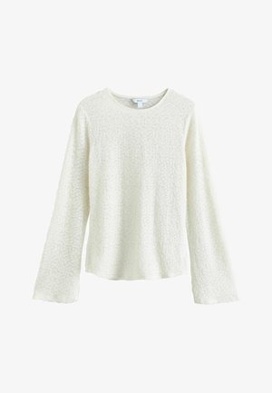 Fehér, hosszú ujjú felső, texturált anyagból, laza szabású, kerek nyakkivágással, harangujjakkal és deréknál érő szegéllyel.