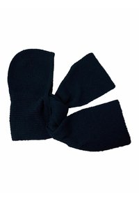 Écharpe en maille bleu marine foncé avec une surface texturée, présentant deux larges extrémités nouées ensemble au centre pour un design unique.