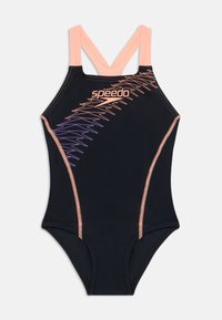 Fekete fürdőruha rózsaszín és lila zigzag díszítéssel, versenyhátrész kialakítással és Speedo logóval az elején. Ruganyos, sima anyagból készült.