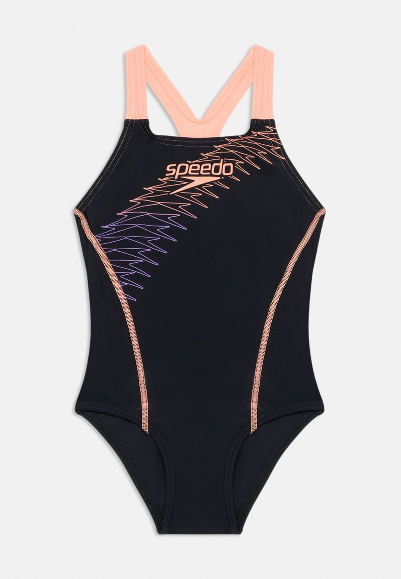 Maiô preto com detalhes em zig-zag rosa e roxo, design de costas nadador e logotipo Speedo na frente. Feito de material elástico e suave.