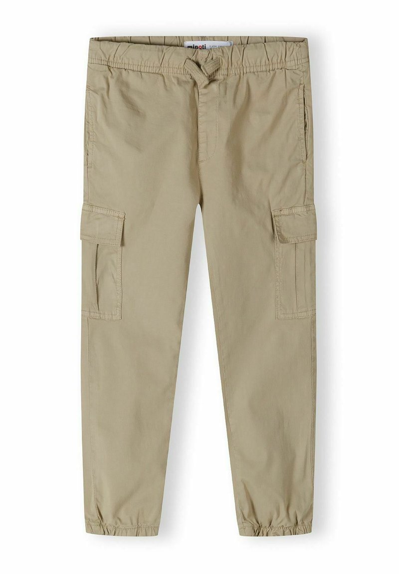 Beige cargopantalons met een elastische tailleband, twee zijvakpockets en een taps toelopend ontwerp. Gemaakt van lichtgewicht katoen.