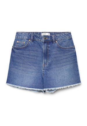 Blaue Jeansshorts mit ausgefransten Saumkanten, Knopf- und Reißverschluss vorne, Gürtelschlaufen und Fünf-Taschen-Design.