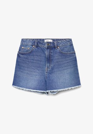 Blaue Jeansshorts mit ausgefransten Saumkanten, Knopf- und Reißverschluss vorne, Gürtelschlaufen und Fünf-Taschen-Design.