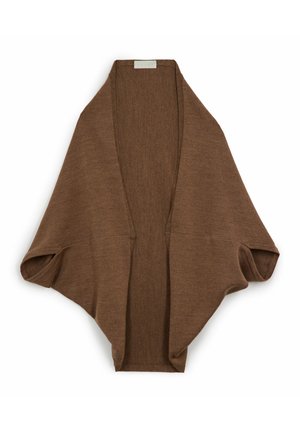 Bruine open-voorkant gebreide cardigan met brede, gedrapeerde mouwen en een losse pasvorm, plat gelegd op een witte achtergrond.