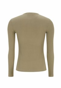 Hosszú ujjú, olíva zöld, bordázott felső, kerek nyakkal és testhezálló fazonnal, sima textúrával, látható minták vagy díszítések nélkül.