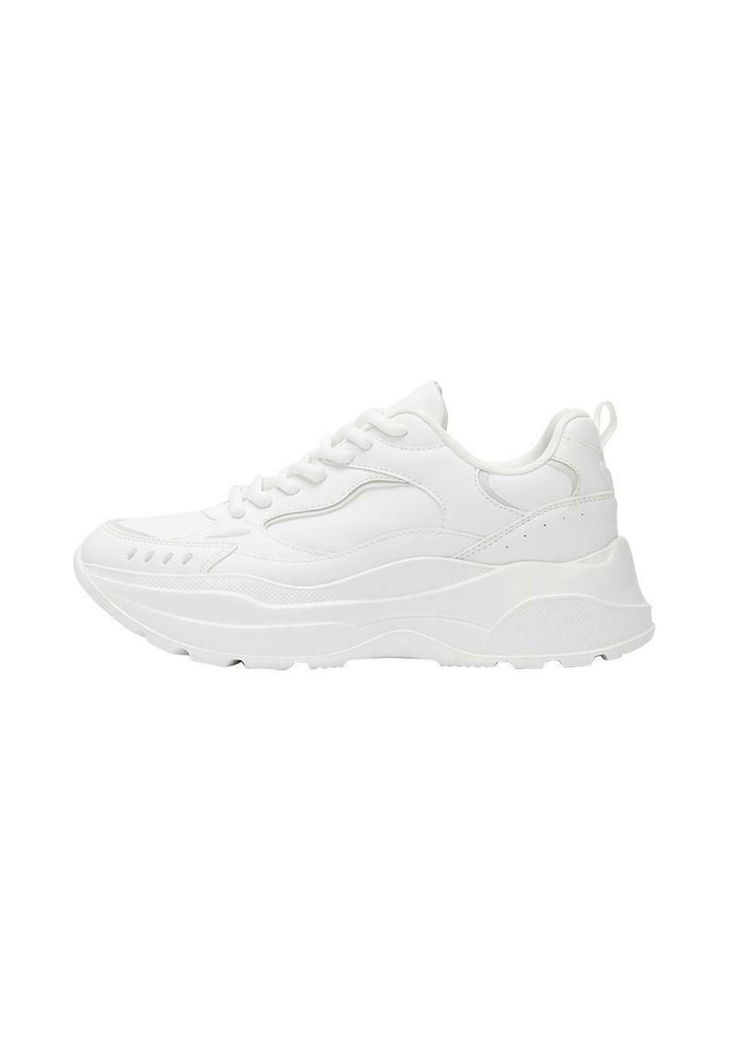 Sneaker bianchi con una parte superiore sintetica traspirante, colletto imbottito, suola testurizzata e design curvato. Presentano accenti di cuciture minimaliste.