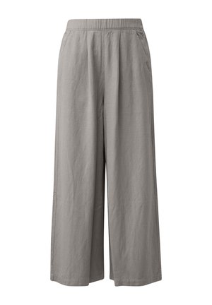 Light gray wide-leg pants with elastic waistband and side pockets, made of lightweight fabric.