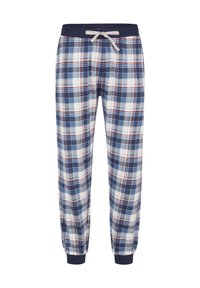 Geruite pyjamabroek in marineblauw, wit en rood, met een elastische tailleband met een koord en ribgebreide boorden bij de enkels.