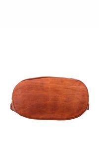Brown leather oval-shaped waist bag with visible stitching and a single compartment on a white background.