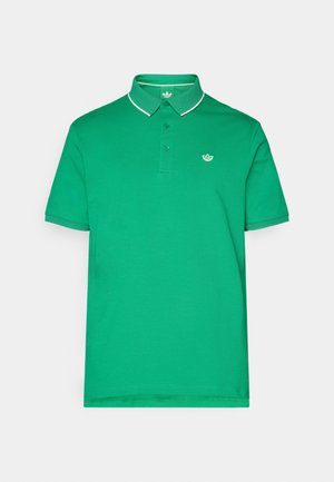 Green polo shirt made of cotton, featuring a two-button placket, white collar and sleeve trim, and a small logo on the chest.