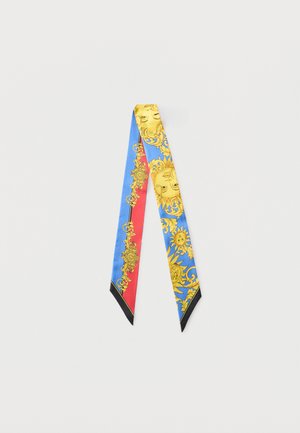 Écharpe étroite en soie avec des motifs de soleil bleu, rouge et jaune et des ornements dorés baroques, extrémités pointues bordées de noir.