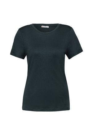 Schwarzes Damen-T-Shirt mit kurzen Ärmeln, figurbetont, Rundhalsausschnitt und einfacher Naht auf weißem Hintergrund.