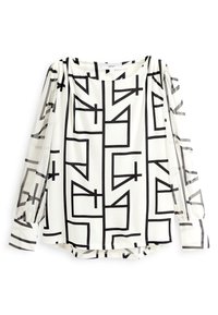 White top with black geometric patterns, featuring long sheer sleeves and a boat neckline. Lightweight fabric with smooth texture.