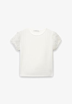 T-shirt bianca a maniche corte con maniche a stampa floreale testurizzata. Tessuto morbido, scollo rotondo, vestibilità rilassata. Design semplice e moderno.