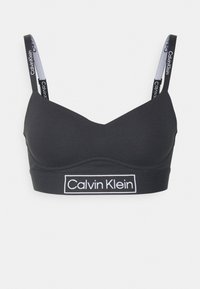 Fekete Calvin Klein bralette, állítható logós pántokkal és márkázott alsó pánttal, varrás nélküli kosarakkal és letisztult, minimális dizájnnal.