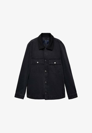 Schwarze Jeansjacke mit Kragen, langen Ärmeln, zwei vorderen Taschen, Knopfschluss und subtiler Struktur. Verfügt über silberne Hardware-Akzente.