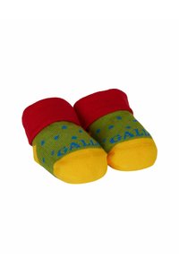 Calze colorate con un polsino a coste rosso, corpo verde con pois blu e punta gialla. Presentano una texture lavorata a maglia e la scritta "GALLI".
