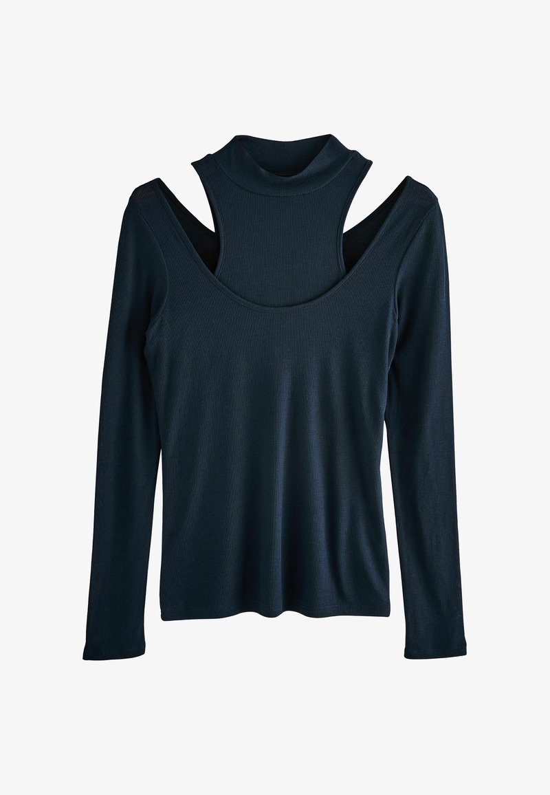 Długi rękaw w ciemnym granacie, z prążkowaną teksturą i unikalnym warstwowym wzornictwem, z odkrytymi plecami i stójką.