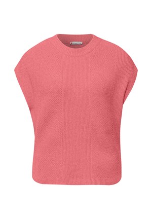 Roze trui met een losse, oversized pasvorm, gestructureerd breisel en korte mouwen. Heeft een ronde halslijn en subtiele geribbelde details.