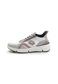Sneakers with a breathable white mesh upper, gray and mauve synthetic accents, thick white sole, and lace-up closure.