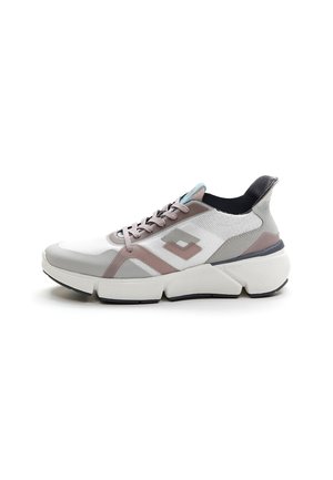 Sneakers with a breathable white mesh upper, gray and mauve synthetic accents, thick white sole, and lace-up closure.