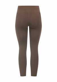 Brown, fitted leggings with a high waistband, made from textured fabric. No visible patterns or accents. Shaped to contour the legs.