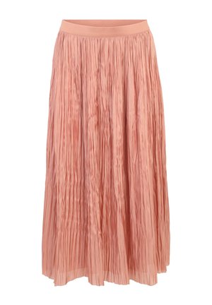 Gonna midi plissè in morbido tessuto rosa chiaro con ampia fascia elastica in vita, caratterizzata da una texture verticale e un design leggero e fluido.