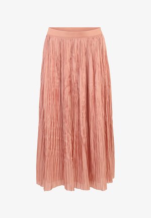 Plisseret midiskørt i blødt pink stof med en bred elastisk talje, der har vertikal tekstur og et strømmende, let design.