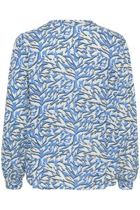 Blusa de manga larga con un patrón de hojas en azul y blanco, con puños elásticos y un escote redondo. Fabricada con tejido ligero.