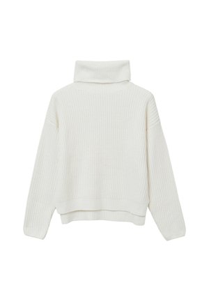 Weißer Rippstrickpullover mit hohem Kragen, überschnittenen Schultern und cropped Passform. Strukturiertes Gewebe mit horizontalem Muster.