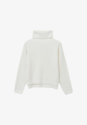 White ribbed knit sweater with a high collar, dropped shoulders, and a cropped fit. Textured fabric with a horizontal pattern.