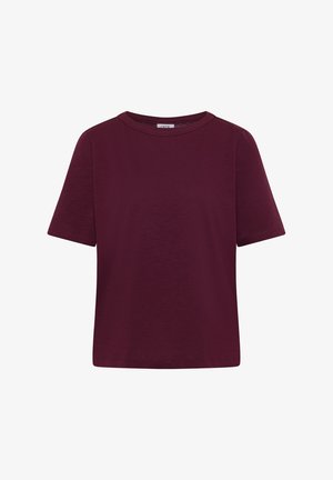 Kortærmet, rundhalset, ensfarvet bordeaux T-shirt med almindelig pasform, vist på en hvid baggrund.