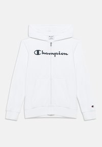 Λευκή φούτερ ζακέτα με φερμουάρ, κατασκευασμένη από μαλακό ύφασμα. Διαθέτει μπροστινή τσέπη, ελαστικές μανσέτες και μεγάλο λογότυπο "Champion" σε μαύρο χρώμα στο στήθος.