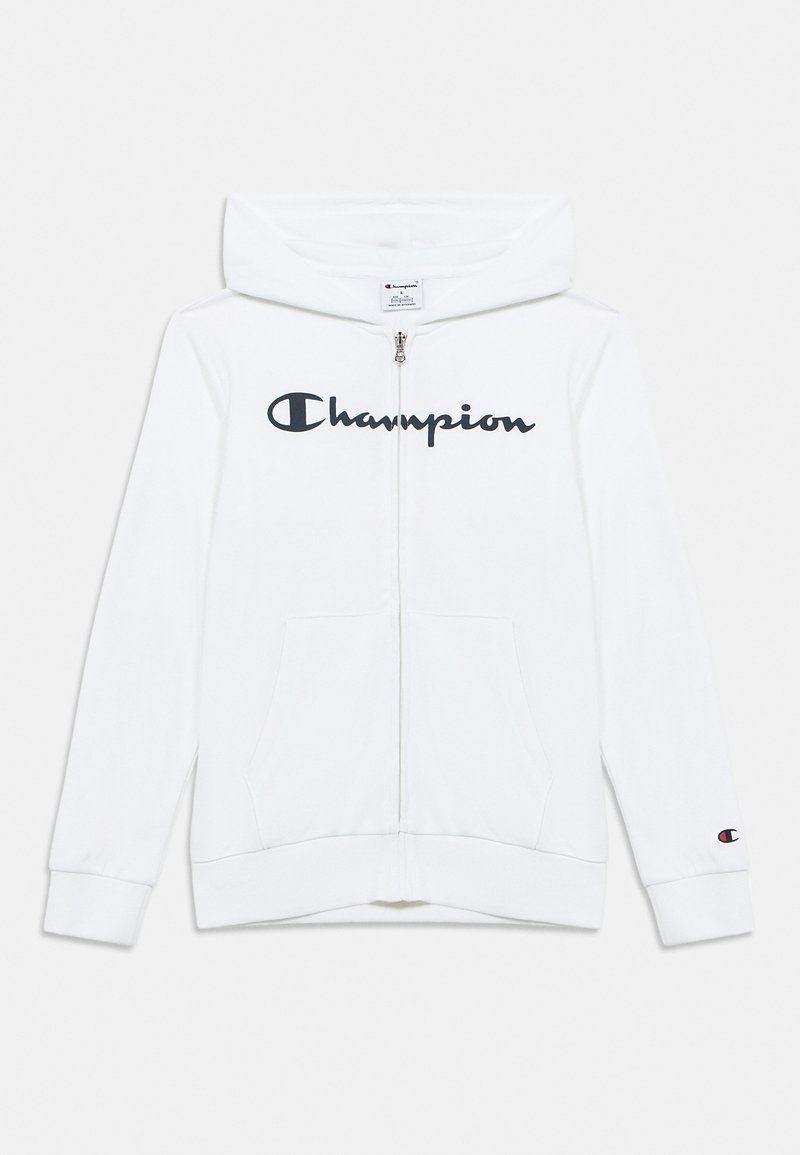 Λευκή φούτερ ζακέτα με φερμουάρ, κατασκευασμένη από μαλακό ύφασμα. Διαθέτει μπροστινή τσέπη, ελαστικές μανσέτες και μεγάλο λογότυπο "Champion" σε μαύρο χρώμα στο στήθος.