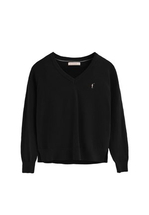 Jersey de punto negro con diseño de cuello en V, mangas largas y puños acanalados. Presenta un pequeño logo bordado en el lado izquierdo del pecho.