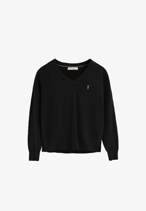 Maglione nero lavorato a maglia con scollatura a V, maniche lunghe e polsini a costine. Presenta un piccolo logo ricamato sul lato sinistro del petto.