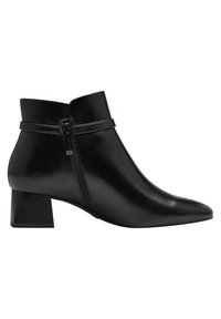 Black leather ankle boot with a pointed toe, featuring a side zipper, a smooth texture, and a chunky square heel.