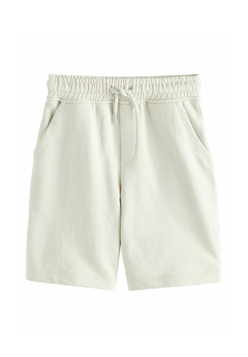 Helle beigefarbene Baumwollshorts mit elastischem Bund, Kordelzug und Seiten Taschen. Glatte Textur und lässige Passform.