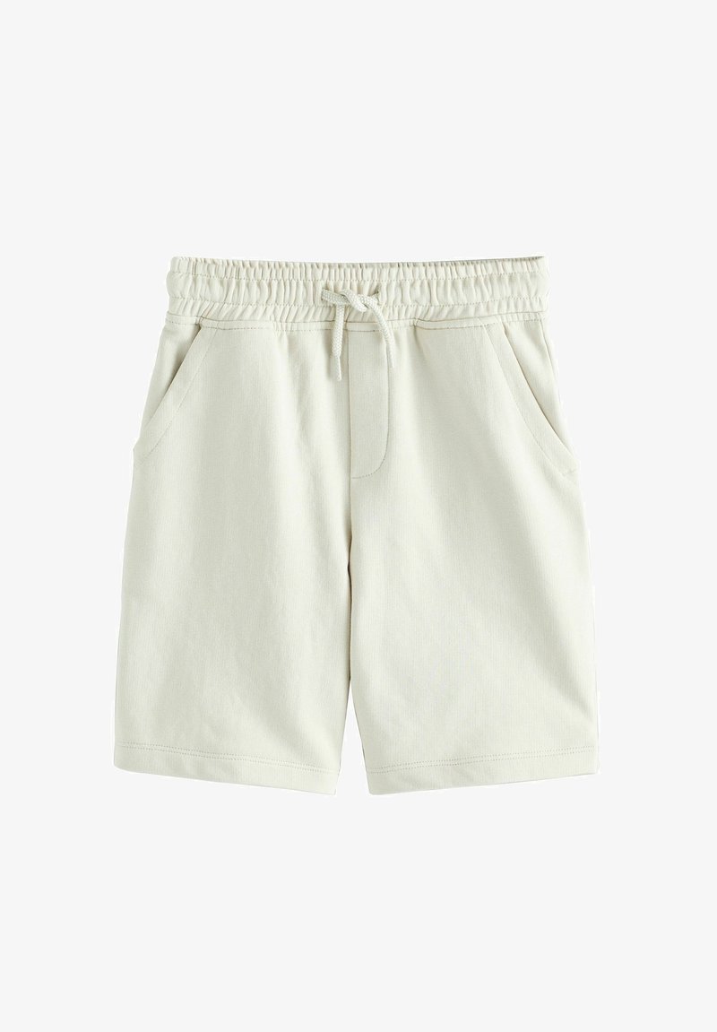Lichtbeige katoenen shorts met een elastische tailleband, een trekkoord en zijzakken. Gladde textuur en een relaxte pasvorm.