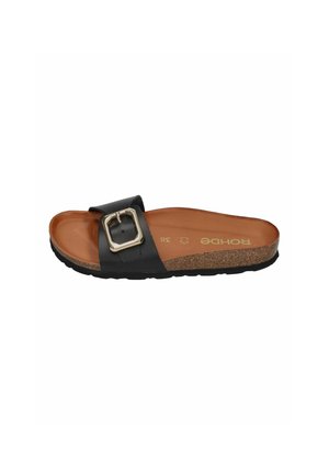 Black slide sandal with brown cork footbed, single wide strap with large silver buckle, and black sole, size 38.