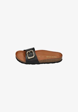 Black slide sandal with brown cork footbed, single wide strap with large silver buckle, and black sole, size 38.