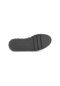 Zwarte rubberen zool met een textuurpatroon, voorzien van groeven en merknaam. Plat met aanzienlijke grip, ontworpen voor duurzaamheid en tractie.