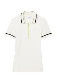Witte polo shirt van een gestructureerde stof, met zwarte en neon groene accenten op de kraag en mouwen, inclusief een ritssluiting aan de voorkant.